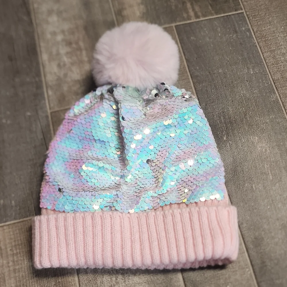 Pink Knit And Sequence Toddler Girls Pom Pom Hat